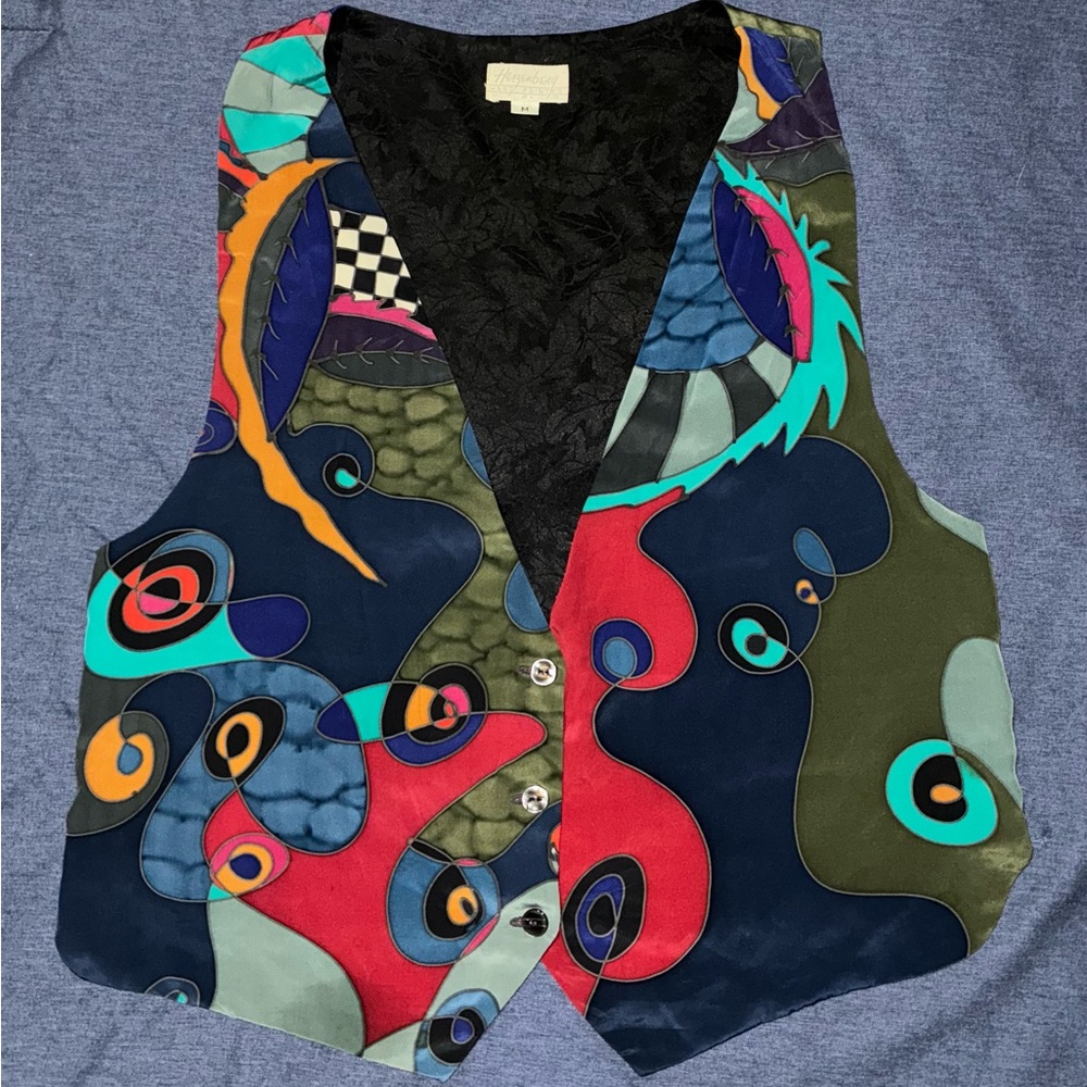 Jane Herzenberg Signed Hand Painted Silk Wearable Art Vest Adjustable Size M